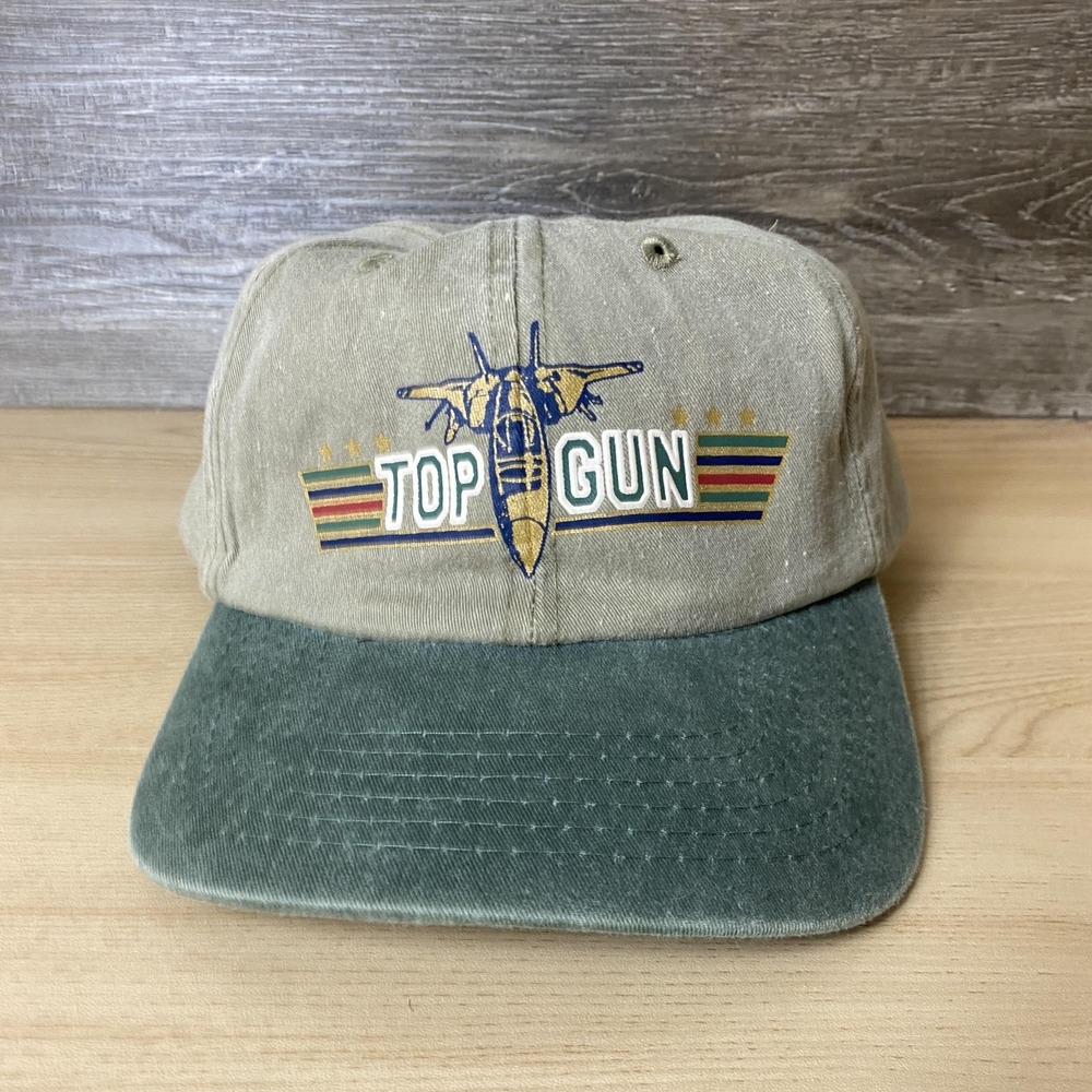 Vintage Top Gun Hat Cap Strap Back Green Khaki Movie Graphic Mens Classic